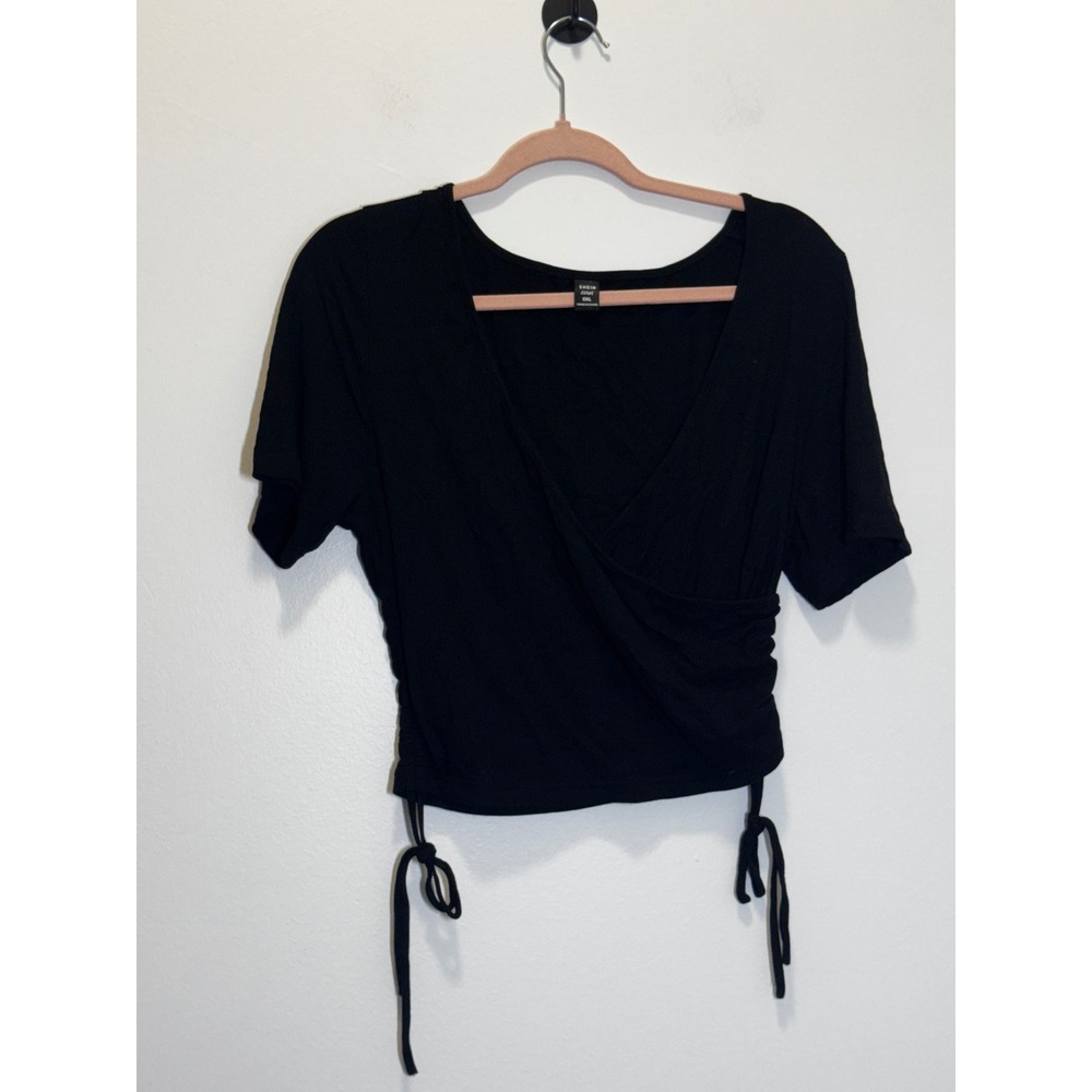 SHEIN Curve Black Ribbed Wrap Top Short Sleeve Ruched Side Tie 0XL